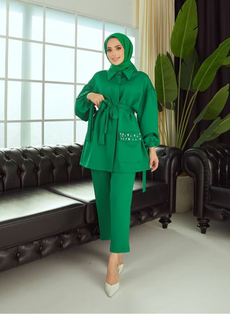 إيلياء فاشون طقم أنيق بحزام مع تصميم راقٍ من نسيج طبيعي - Image 3