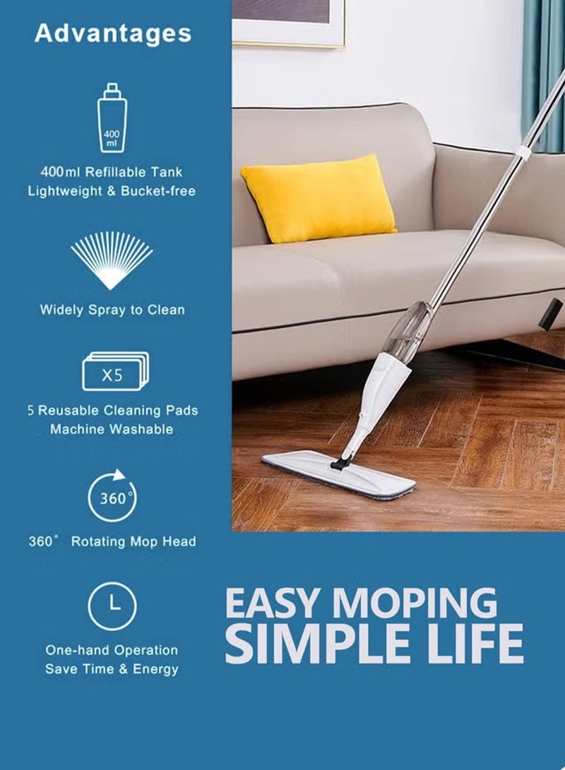 اورورا ممسحة بخاخ مع قطعتين من المايكروفايبر قابلة للغسل - ممسحة تنظيف مع خزان مياه قابل لإعادة التعبئة سعة 400 مل - ممسحة أرضيات سيراميك للمنزل والمطبخ - أبيض - Image 4