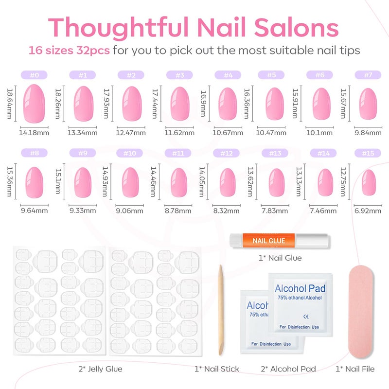 modelones Short Press on Nails, Oval Fake Nails Kit Press Ons with Nail Glue, Adhesive Tabs, Nail File, Prep Pad, Manicure Stick, Pink, 32Pcs 16 Sizes, Spring Women Girl Gift - Image 4