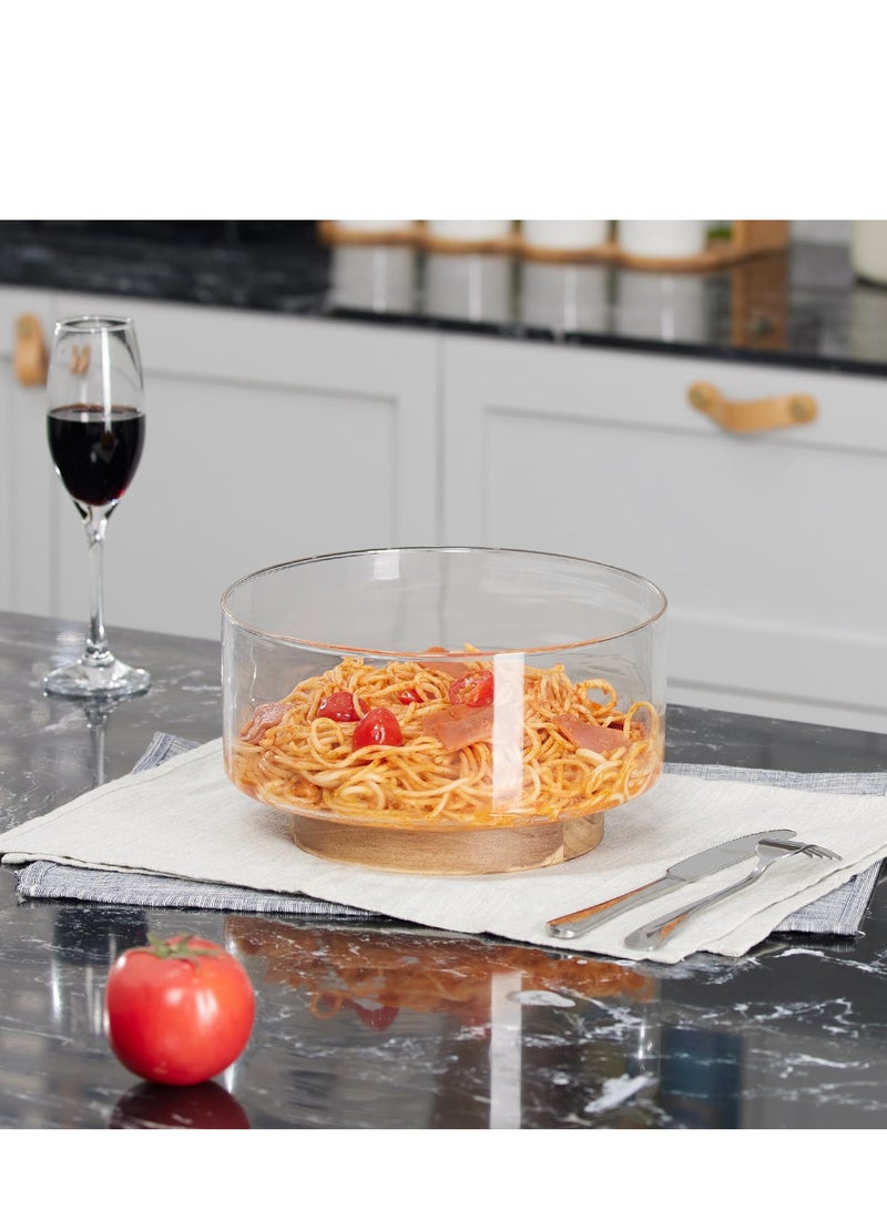 Glass Salad Bowl with Wood Base, Clear Fruit Bowl, Large Capacity Design, Versatile Serving Dish for Snack, Dessert, Pasta, Microwave & Dishwasher Safe, Kitchen Must-Have, Home Decor - Image 5
