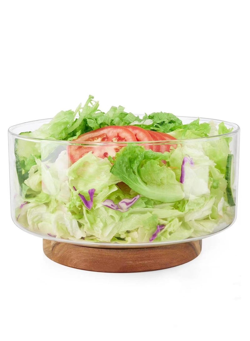 Glass Salad Bowl with Wood Base, Clear Fruit Bowl, Large Capacity Design, Versatile Serving Dish for Snack, Dessert, Pasta, Microwave & Dishwasher Safe, Kitchen Must-Have, Home Decor - Image 1