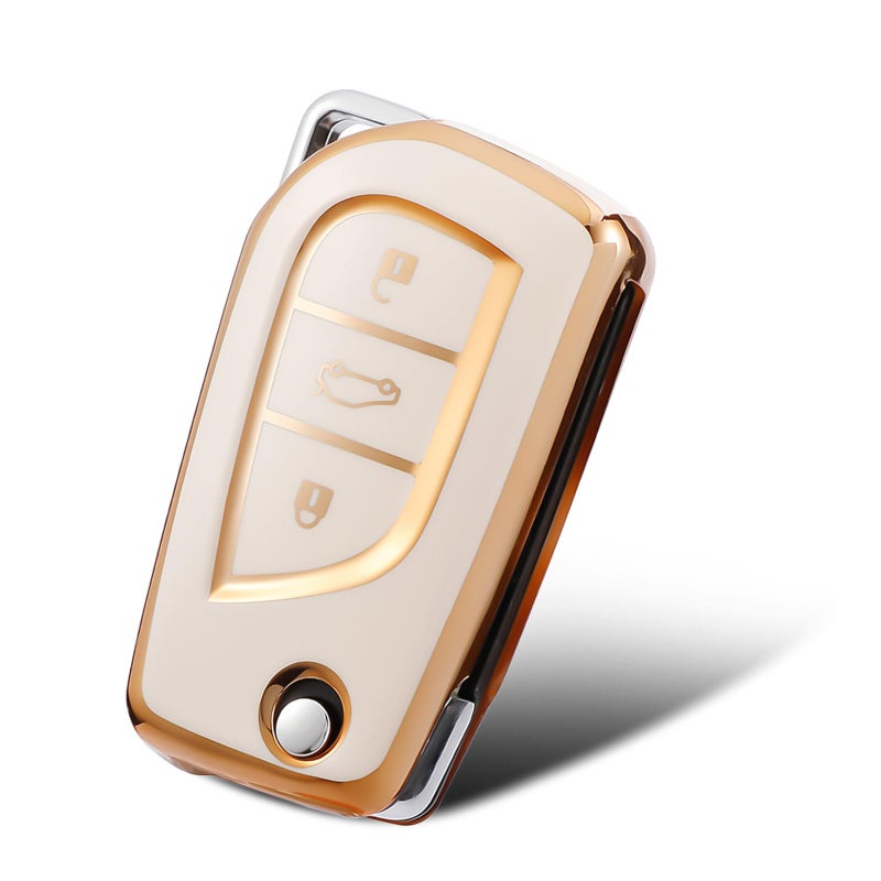 WORCAS Compatible with Toyota Key Fob Cover with Gold Pattern Soft TPU 360 Degree Protection Key Case for Fortuner Tundra Camry RAV4 Highlander Corolla Smart Key White