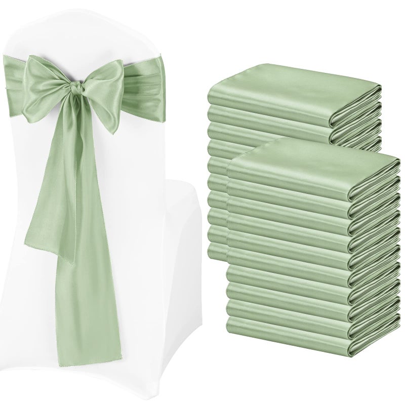 Pesonlook Pesonlook 50Pcs Satin Chair Sashes Ties Sage Green Satin Chair Sashes Bows Chair Cover Back Tie Supplies for Wedding Reception Events Banquets Party Hotel Event Chairs Decoration 