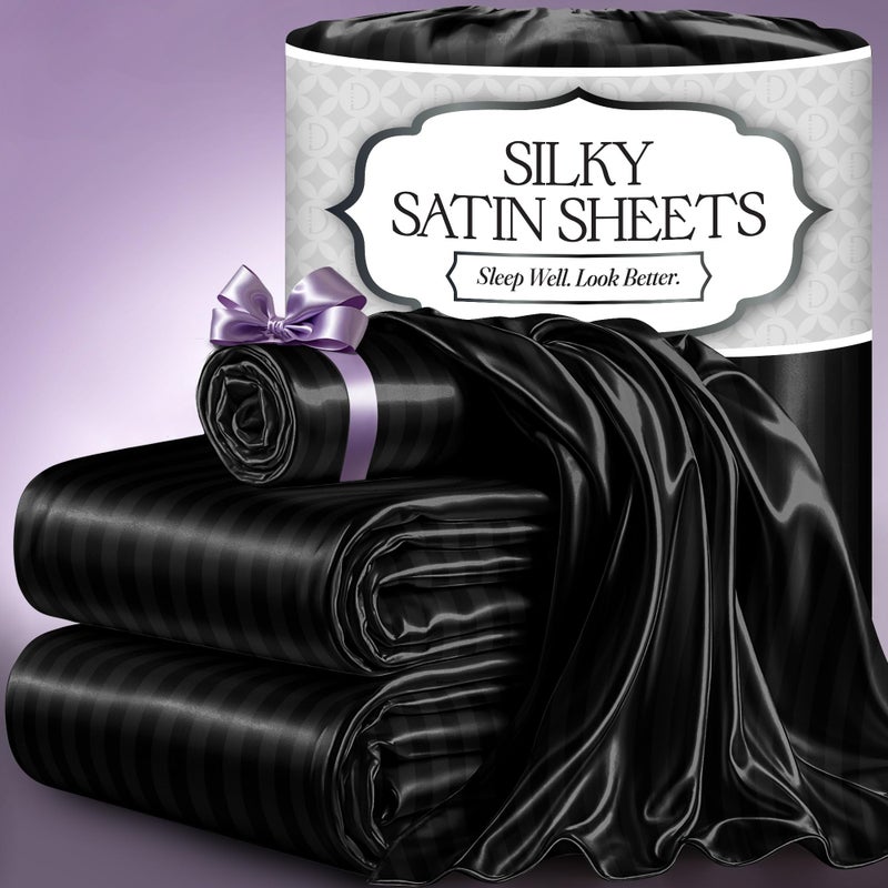 DECOLURE Satin Bed Sheets  4 Piece Luxury Silky King Size Bedding Set  Softer Than Silk WrinkleFree with 15 Deep Pocket Fitted Sheet Perfect for Hair  Skin Gifts for Women Striped Black