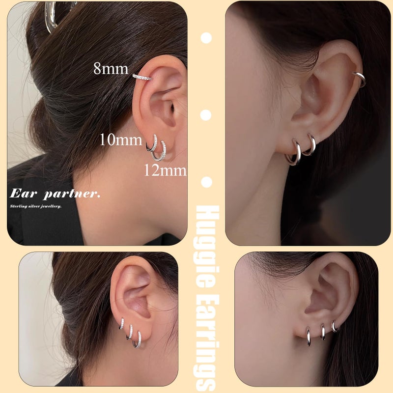 Cocadant Sterling Silver Small Hoop Earrings for Women,Hypoallergenic Huggie Hoop Earrings Tiny Cartilage Earring Sets for Multiple Piercing 8mm 10mm 12mm - Image 2