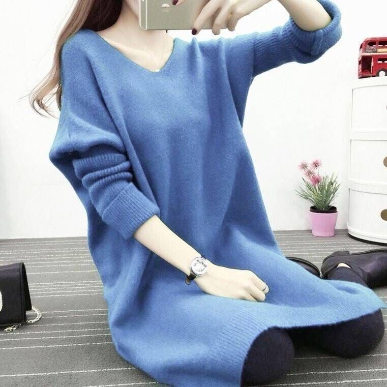 Autumn and Winter Clothes Batman Sleeve Midi Pullover Split Loose Solid Color Sweater Womens Knitwear Sweater Skirt Womens Skirt Blue - Image 1