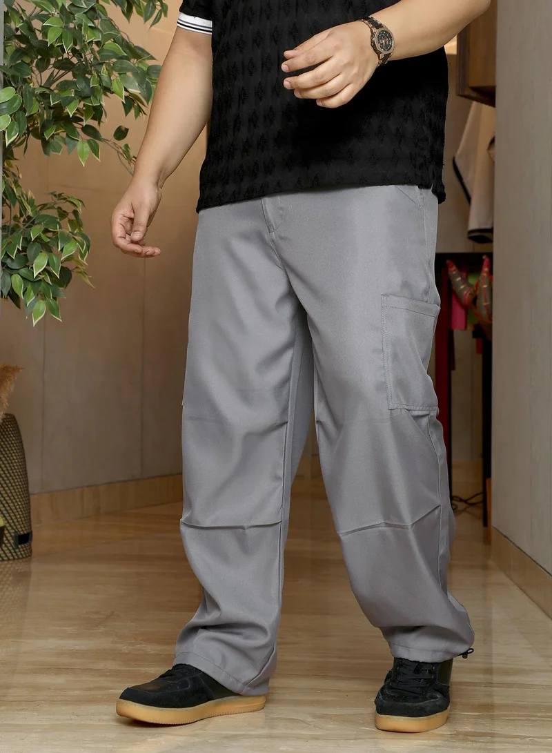 Instafab Plus Instafab Plus Men's Moon Grey Twill-Utility Parachute Trousers | Mid-Rise , Drawcord Hem , Button Closure | Solid Twill Polyester Blend Material For Street & Casual Wear