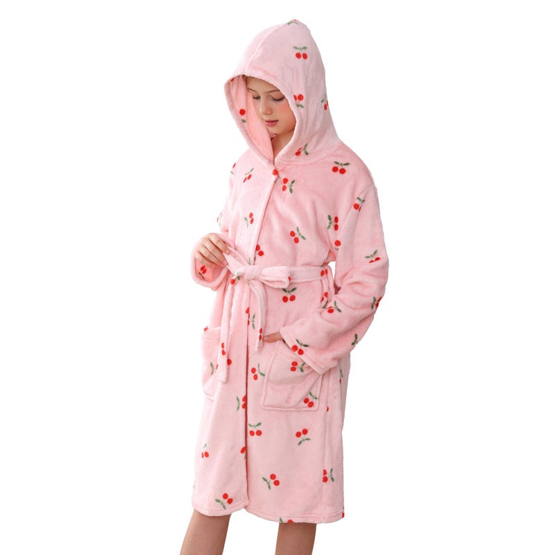 V.&GRIN Girls Fleece Hooded Robe, Kids Soft Plush Warm Printed Bathrobe Sleepwear Gifts for 5-14 Years(Pink Cherry5-6) - Image 1