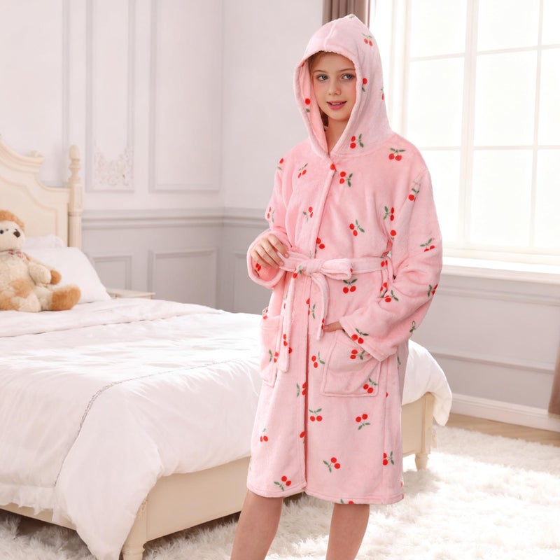 V.&GRIN Girls Fleece Hooded Robe, Kids Soft Plush Warm Printed Bathrobe Sleepwear Gifts for 5-14 Years(Pink Cherry5-6) - Image 5