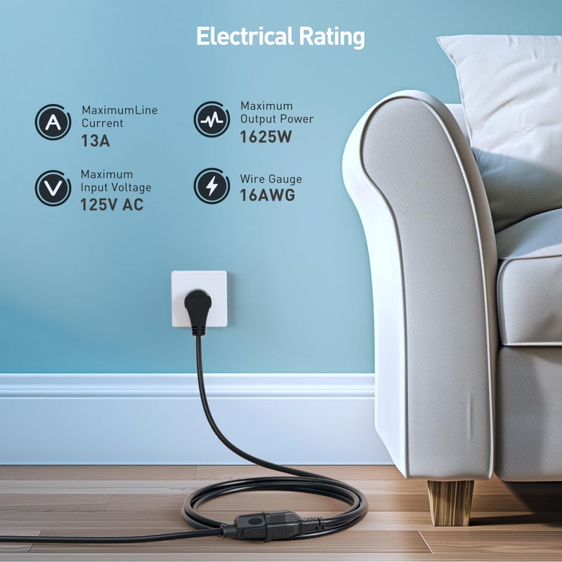 Cable Matters [ETL Listed] Cable Matters 2-Pack 16 AWG 360Â° Rotating Flat Plug Short Extension Cord - 1ft, 13A/1625W, Low Profile 3 Prong Power Extension Cords, NEMA 5-15P to NEMA 5-15R, Black - Image 5