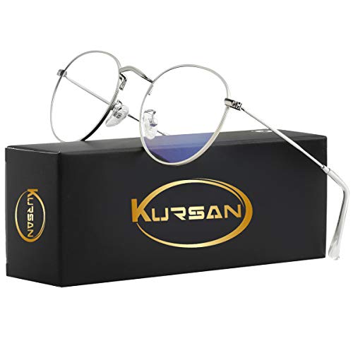 Kursan Round Blue Light Glasses for Women Men Retro Circle Metal Frame Clear Lens Eyeglasses (Silver) - Image 4