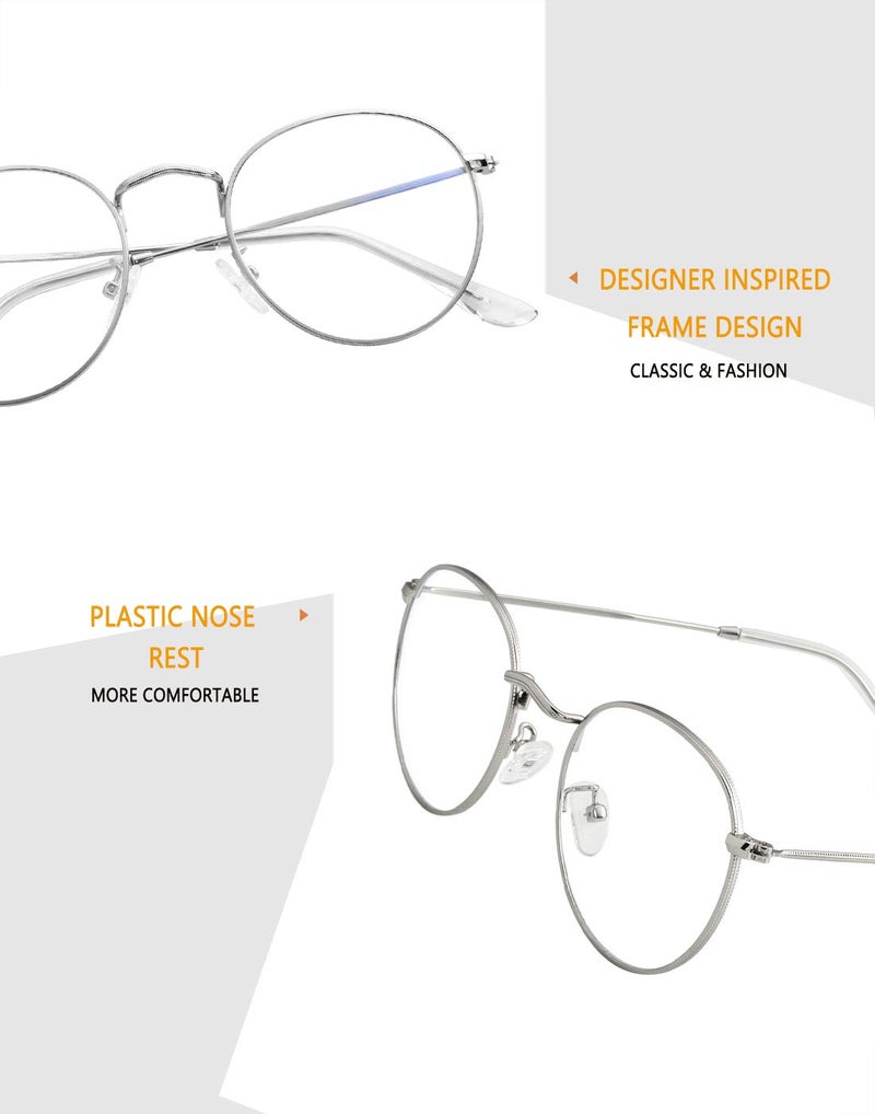 Kursan Round Blue Light Glasses for Women Men Retro Circle Metal Frame Clear Lens Eyeglasses (Silver) - Image 3