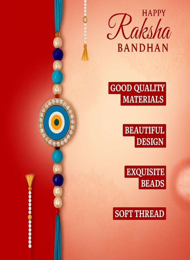 Sage Square Evil Eye Rakhi for Brother, Bhai with Roli Chawal | Raksha Bandhan | Designer Beads, Stones, Decorative Work | Stylish Handcrafted Rakhi Gifting for Sibling Festival Celebration (Type 9) - Image 4