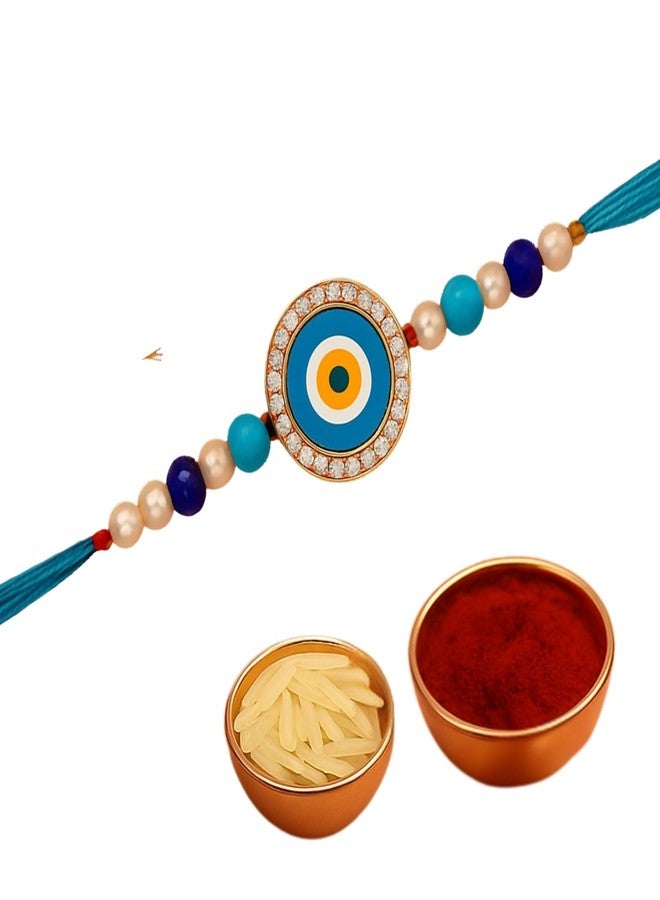 Sage Square Evil Eye Rakhi for Brother, Bhai with Roli Chawal | Raksha Bandhan | Designer Beads, Stones, Decorative Work | Stylish Handcrafted Rakhi Gifting for Sibling Festival Celebration (Type 9) - Image 1
