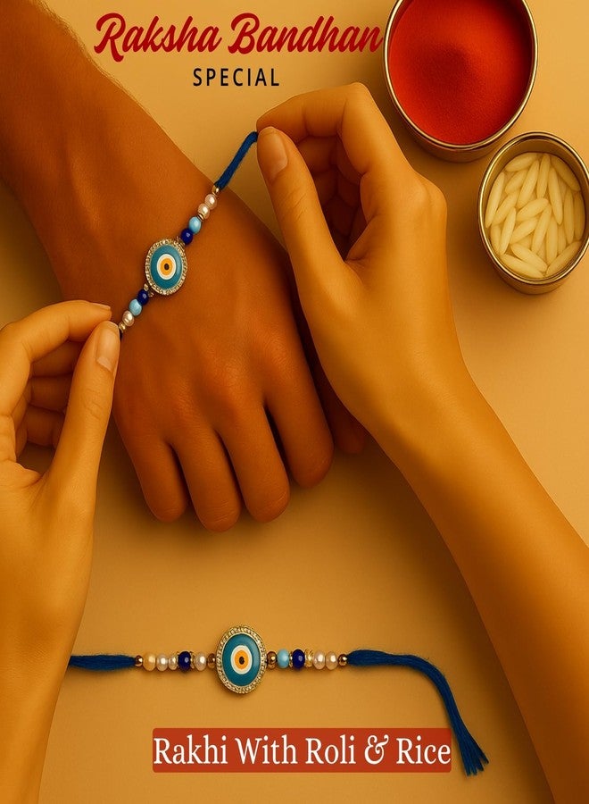 Sage Square Evil Eye Rakhi for Brother, Bhai with Roli Chawal | Raksha Bandhan | Designer Beads, Stones, Decorative Work | Stylish Handcrafted Rakhi Gifting for Sibling Festival Celebration (Type 9) - Image 3