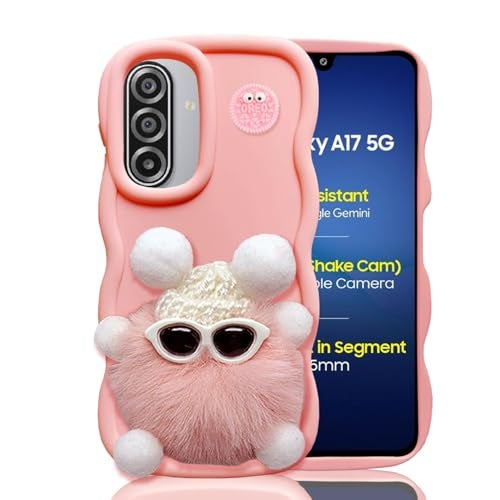 KC Back Cover for Samsung Galaxy A17 5G - 3D Big Wave with Cute Specs Pink Fur Ball Character Camera Protection Case (Light-Pink) - Image 1