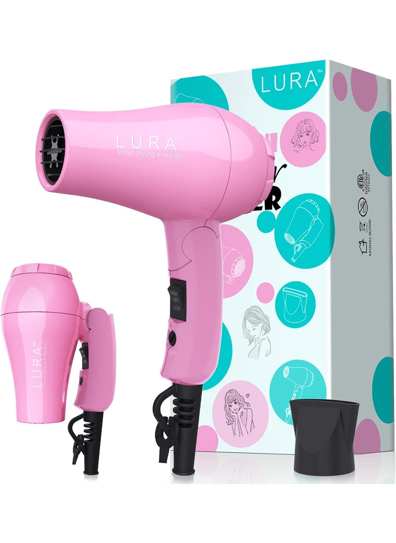 LURA Portable Travel Hair Dryer,Mini Lightweight Dual Voltage Blow Dryer 1200W with Folding Handle,Blowdryer with One Concentrator 