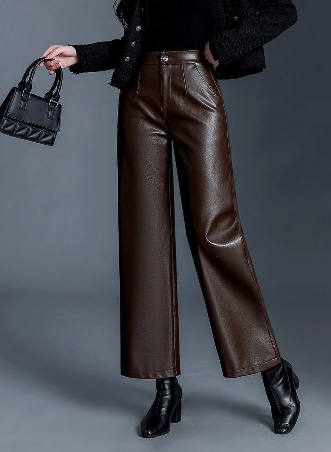 HaoMay Women's Faux Leather Pants Straight Wide Leg PU Trousers with Pockets, Coffee, M - Image 2