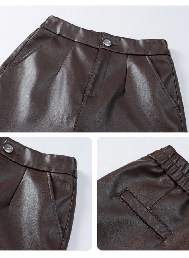 HaoMay Women's Faux Leather Pants Straight Wide Leg PU Trousers with Pockets, Coffee, M - Image 5