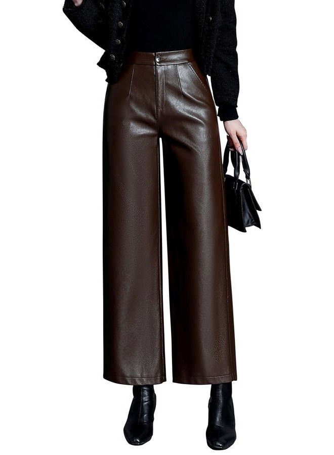 HaoMay Women's Faux Leather Pants Straight Wide Leg PU Trousers with Pockets, Coffee, M - Image 1