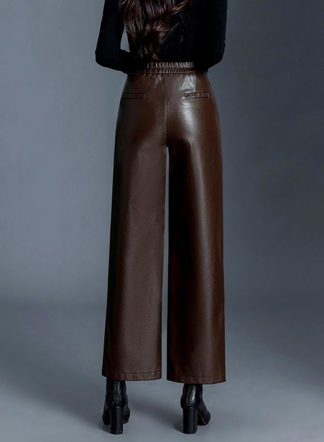 HaoMay Women's Faux Leather Pants Straight Wide Leg PU Trousers with Pockets, Coffee, M - Image 3