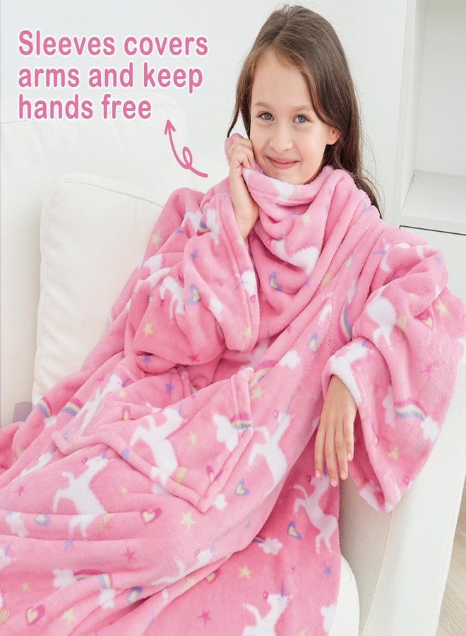 softan Wearable Fleece Blanket with Sleeves & Foot Pocket for Kids Boys Girls Children,Lightweight Soft Blanket with Sleeves and Hook & Loop 48" x 48" Pink Unicorn - Image 2