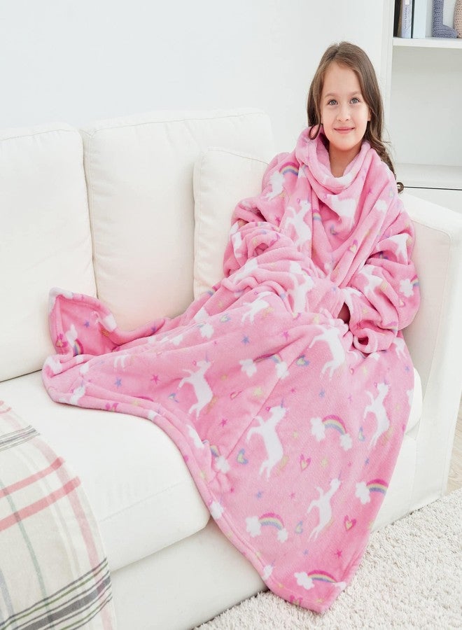 softan Wearable Fleece Blanket with Sleeves & Foot Pocket for Kids Boys Girls Children,Lightweight Soft Blanket with Sleeves and Hook & Loop 48" x 48" Pink Unicorn - Image 1