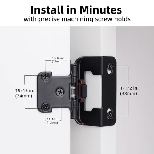 DecoBasics 50 Pack 1/2" Overlay Black Cabinet Hinges for Cabint Doors (25 Pairs) – Self-Closing Partial Wrap Semi-Concealed Face Frame Hinge for Cupboard & Kitchen Doors w/Screws & Quiet Bumpers - Image 3