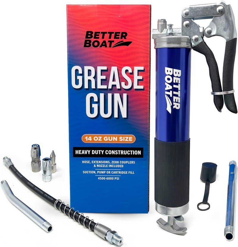 Better Boat Manual Grease Gun Kit 14 Oz Cartridge Pistol Grip Marine Wheel Bearing and Automotive Use