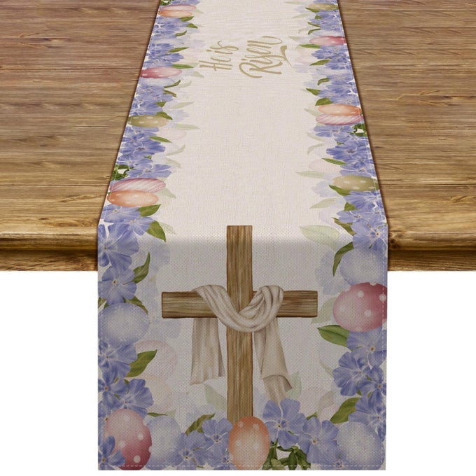 LINEN HE IS RISEN TABLE RUNNER EASTER EGG SPRING JESUS RESSURRECTION CROSS HOME KITCHEN DINING ROOM DECORATION 13 X 72