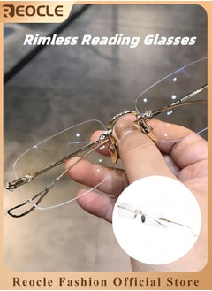 REOCLE Rimless Reading Glasses Men Women Anti-Blue Ultra Light Frameless Reading Glasses Reading Aid Visual Aid Workplace Glasses Anti Fatigue Glasses with Strength for the Elderly Gold  - Image 1