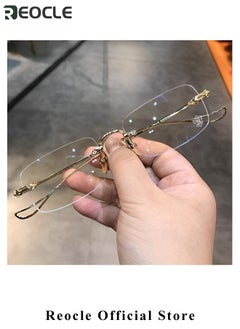 REOCLE Rimless Reading Glasses Men Women Anti-Blue Ultra Light Frameless Reading Glasses Reading Aid Visual Aid Workplace Glasses Anti Fatigue Glasses with Strength for the Elderly Gold  - Image 2