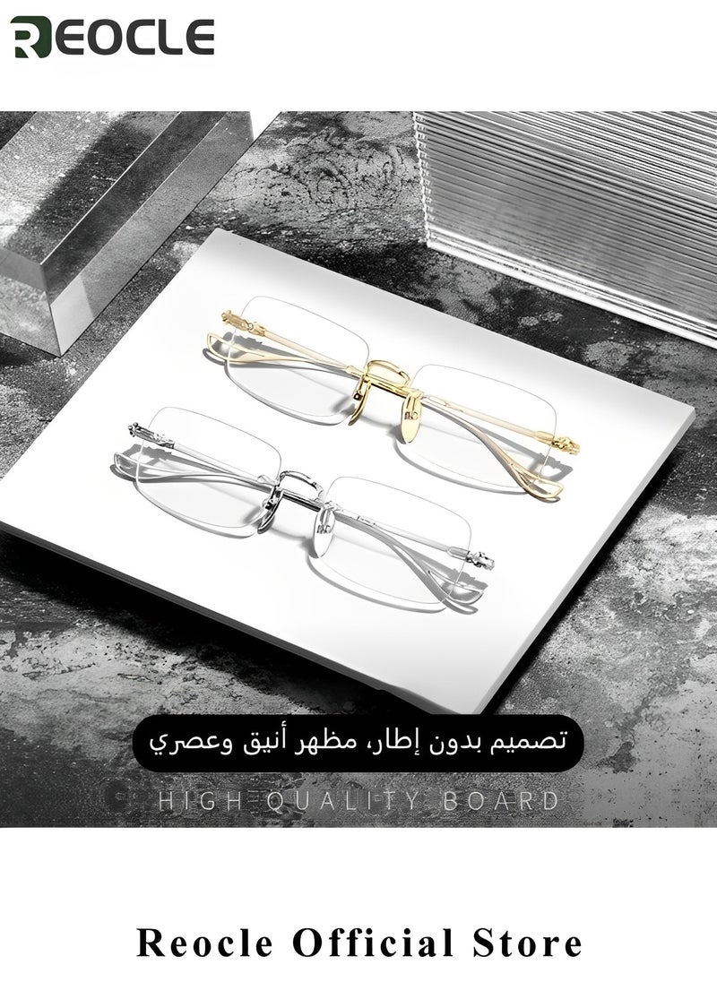 REOCLE Rimless Reading Glasses Men Women Anti-Blue Ultra Light Frameless Reading Glasses Reading Aid Visual Aid Workplace Glasses Anti Fatigue Glasses with Strength for the Elderly Gold  - Image 3