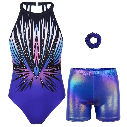 JOYSTREAM Gymnastics Leotards for Girls With Shorts Sparkly Ballet Dance Clasp Back Activewear Blue-black Diamond,8-9Years - Image 5