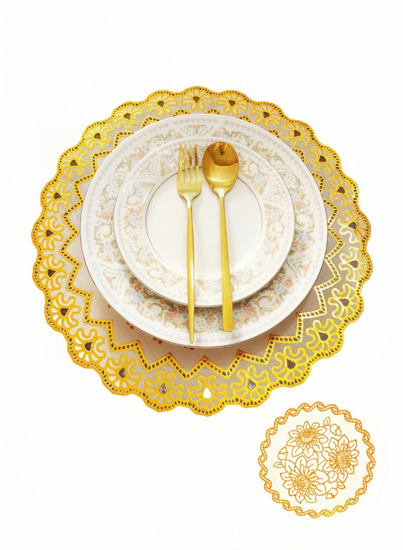 6 قطع البرنز المطبوعة جولة ماء مجموعة المفرش ، 38CM مجموعة المفارش طاولة الطعام ، واقية من الزيت ، الغبار ، مقاومة للحرارة ، مضادة للحروق ، غير قابلة للغسيل ، امسحها نظيفة ، متجر نشمر ، ديكور طاولة طعام المطبخ المنزلي ، تناول الطعام العائلي اليومي ، حفلة عطلة ، زفاف ، مأدبة فندق ، مقاهي ، هدايا ، خلفية بيضاء ذهبية (15 بوصة) - Image 1