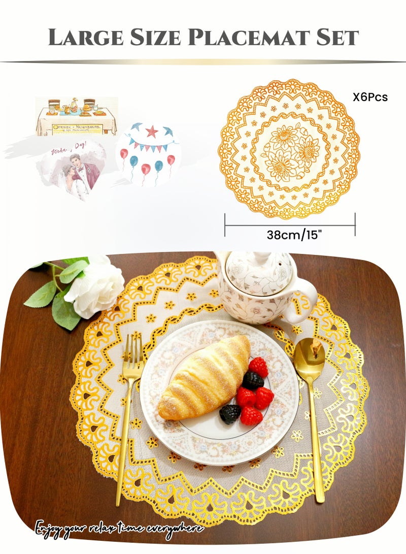 6 قطع البرنز المطبوعة جولة ماء مجموعة المفرش ، 38CM مجموعة المفارش طاولة الطعام ، واقية من الزيت ، الغبار ، مقاومة للحرارة ، مضادة للحروق ، غير قابلة للغسيل ، امسحها نظيفة ، متجر نشمر ، ديكور طاولة طعام المطبخ المنزلي ، تناول الطعام العائلي اليومي ، حفلة عطلة ، زفاف ، مأدبة فندق ، مقاهي ، هدايا ، خلفية بيضاء ذهبية (15 بوصة) - Image 2