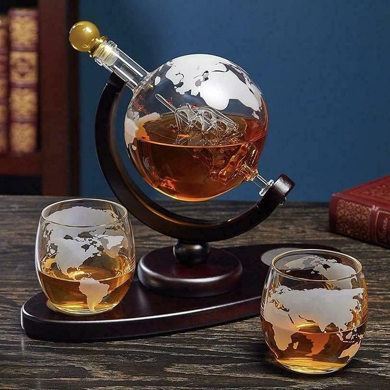 ويوبلز طقم إبريق ويسكي مع كأسين منقوشين على شكل كرة أرضية، موزع مشروبات كحولية للويسكي، سكوتش، بوربون، طقم هدايا - Image 2