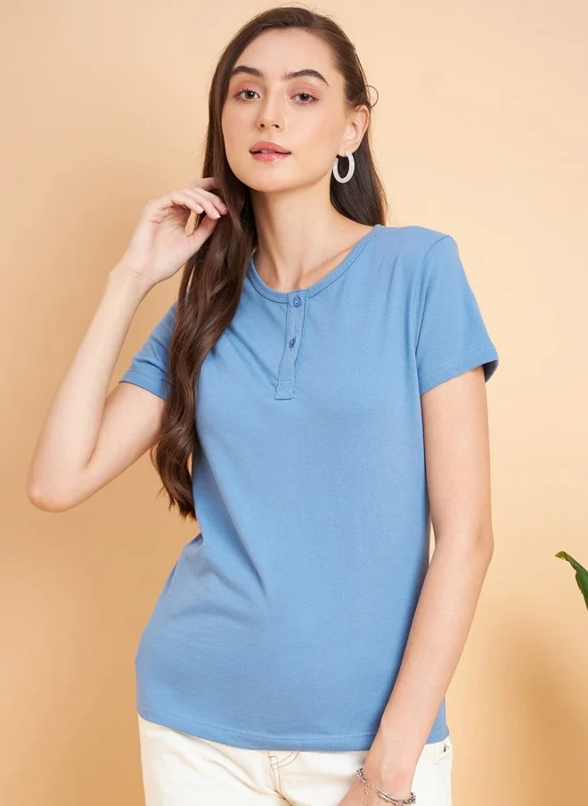 MINT STREET Blue Cotton T-Shirt for Women