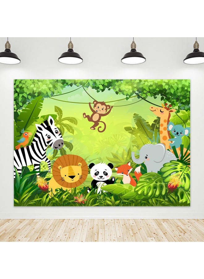 Riyidecor Jungle Safari Animal Backdrop Polyester Fabric Green Animation Kids Panda Lion 7Wx5H Feet Cute Wildlife Zoo Zebra Photography Background Birthday Baby Shower Photo Studio Shoot - Image 1