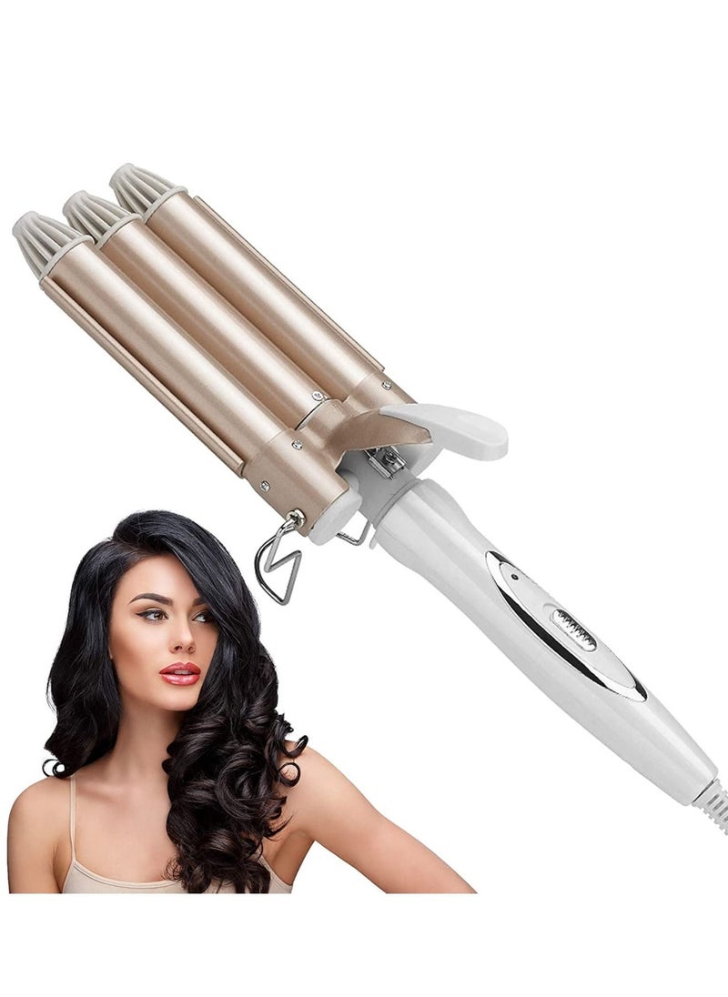 ELTRAZONE 3 Barrel Curling Iron,1 inch Triple Three Barrel Hair Waver Mermaid Beach Waves Curling Wand Ceramic Tourmaline Temperature Adjustable Curler Irons,Hair Crimper Fast Heating Curling Wand (Gold)  - Image 1