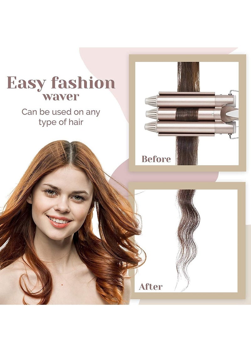 ELTRAZONE 3 Barrel Curling Iron,1 inch Triple Three Barrel Hair Waver Mermaid Beach Waves Curling Wand Ceramic Tourmaline Temperature Adjustable Curler Irons,Hair Crimper Fast Heating Curling Wand (Gold)  - Image 2