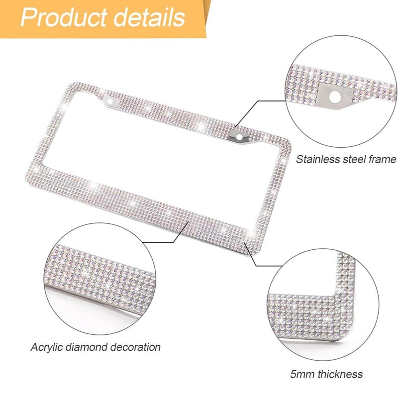YALOK Bling 2Pcs Car License Plate Frame  Handcrafted Crystal Stainless Steel License Plate Frame  Sparkly  Durable  Universal Fit  Car Accessories For Girls  Women (White/Ab Color) - Image 3