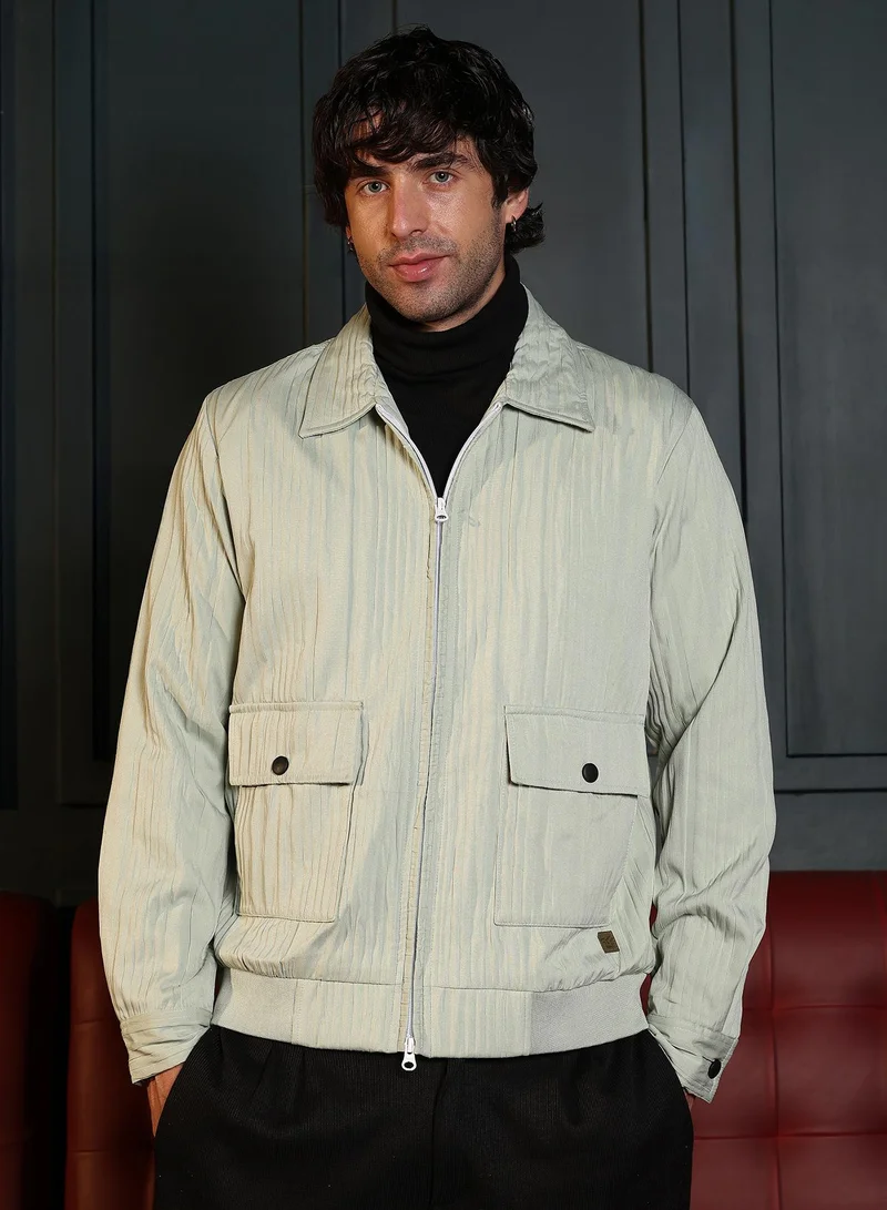 Campus Sutra Men Zip-Front Crushed-Tactile Jacket | Point Collar, Long Button-Cuff Sleeves | Zipper , Ribbed-Straight Hem | Solid Textured | Woven Fabric For Casual & Daily Wear | Light Mint