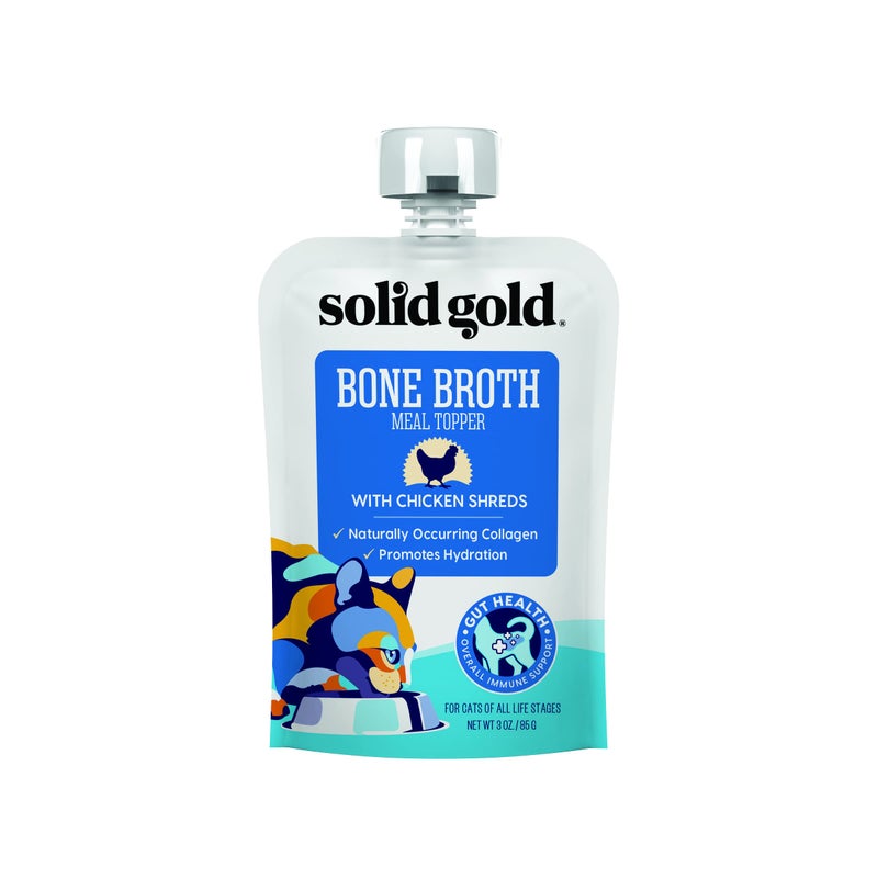 Solid Gold Bone Broth Cat Food Topper - Lickable Wet Food with Protein Shreds for Hydration - Easy to Serve Gravy Bone Broth for Cats - Chicken - 12 Pack - Image 1