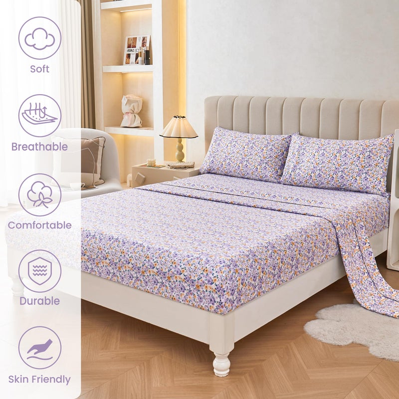 Mooreeke Floral Full Bed Sheets, Soft Microfiber Printed Bedding Sheets & Pillowcases, Deep Pocket Non-Slip Vintage Full Sheet, Purple Yellow Flower Pattern Bedsheets - Image 2