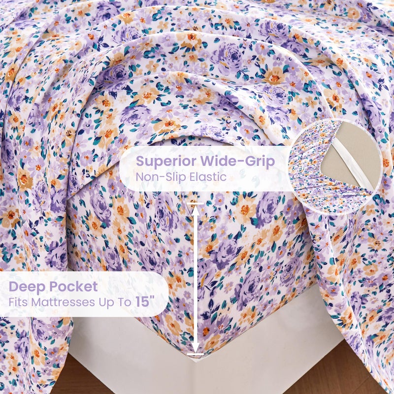 Mooreeke Floral Full Bed Sheets, Soft Microfiber Printed Bedding Sheets & Pillowcases, Deep Pocket Non-Slip Vintage Full Sheet, Purple Yellow Flower Pattern Bedsheets - Image 3