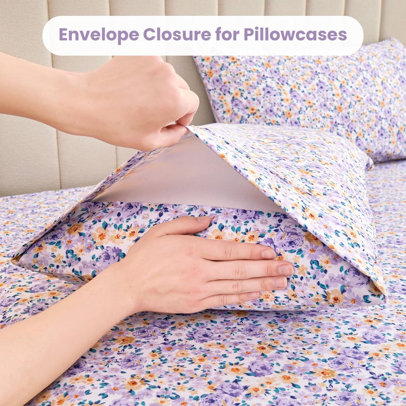 Mooreeke Floral Full Bed Sheets, Soft Microfiber Printed Bedding Sheets & Pillowcases, Deep Pocket Non-Slip Vintage Full Sheet, Purple Yellow Flower Pattern Bedsheets - Image 4