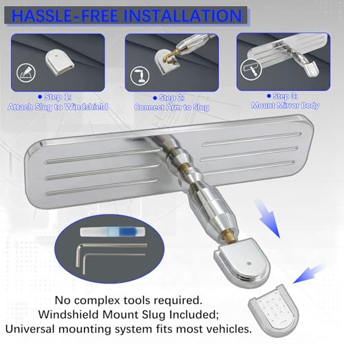 QGHAUC Pivot Ball Milled Aluminum Polished Adjustable Interior Rear View Mirror – Universal Fit for Car SUV Truck Van, Windshield Mount, 9.25" Wide - Image 2