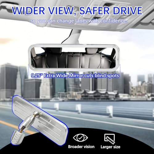QGHAUC Pivot Ball Milled Aluminum Polished Adjustable Interior Rear View Mirror – Universal Fit for Car SUV Truck Van, Windshield Mount, 9.25" Wide - Image 3