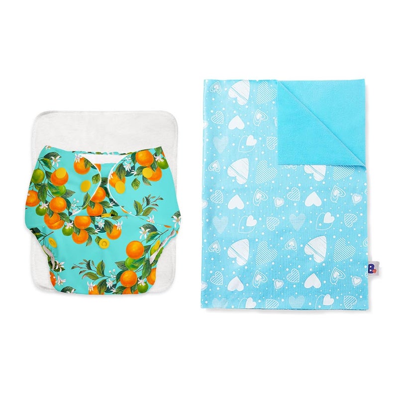 SuperBottoms Basic Peaches Print diaper with soaker | BASIC Bed Protecting Mat Breezy blue print Medium size - Bed & Floor Protector/Playmat, Super Light-Weight, 8.5X Absorbent - Image 1